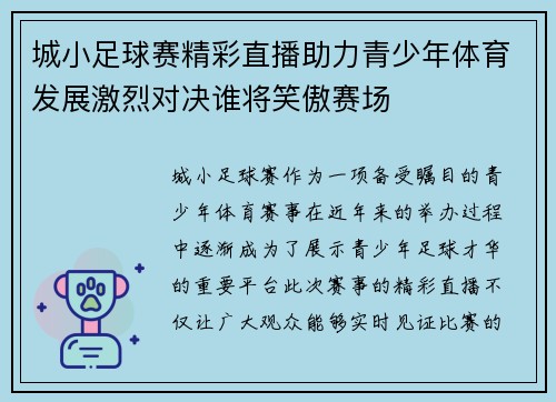 城小足球赛精彩直播助力青少年体育发展激烈对决谁将笑傲赛场